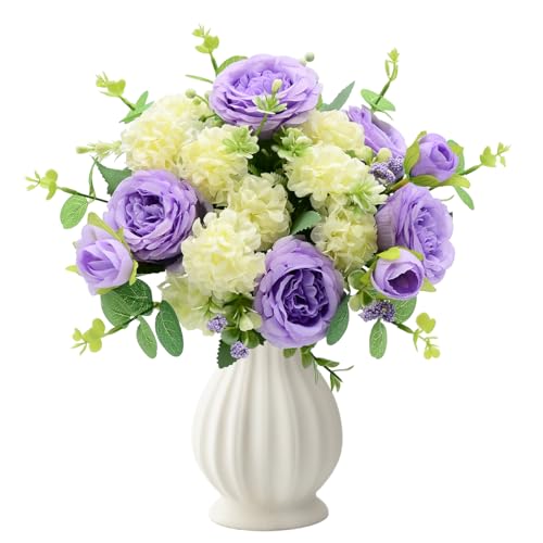 Artificial Flowers Bouquet, Purple Silk Peonies Chrysanthemum Mixed Bouquet with Eucalyptus, Artificial Roses Bouquet for Wedding Centerpieces Bridal Bouquet Mohter's Day Valentine's Day Home Decor - color: Purple