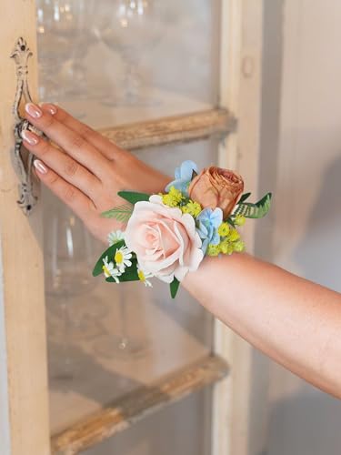 Rinlong 2Pcs Pink Blue Wrist Corsage for Wedding, Prom, Homecoming | Bridesmaid, Mother of the Bride Corsage - color: 15-spring Garden