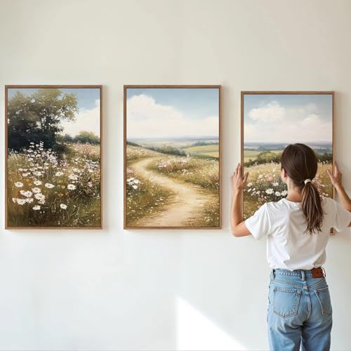 Rantodecor Rustic French Country Framed Canvas Wall Art, Vintage Flower Field Wall Decor, Calming Nature Landscape Art Paintings, Modern Wildflower Artwork for Farmhouse Bedroom Living Room 16"x24"x3 - color: Rustic French Country, size: 24"x16"