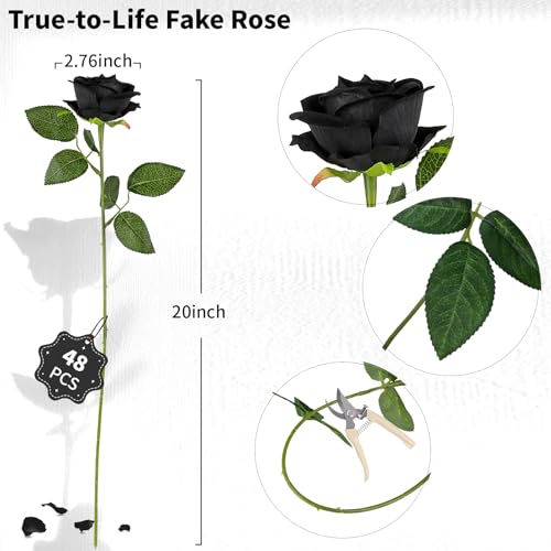 AmyHomie 48 PCS Black Roses Velvet Realistic Artificial Flowers with Bendable Stems for Wedding Bouquets Baby Shower Party Home Decor Fake Flowers Gifts for Valentines, Mothers Day, Womens Day - color: Black