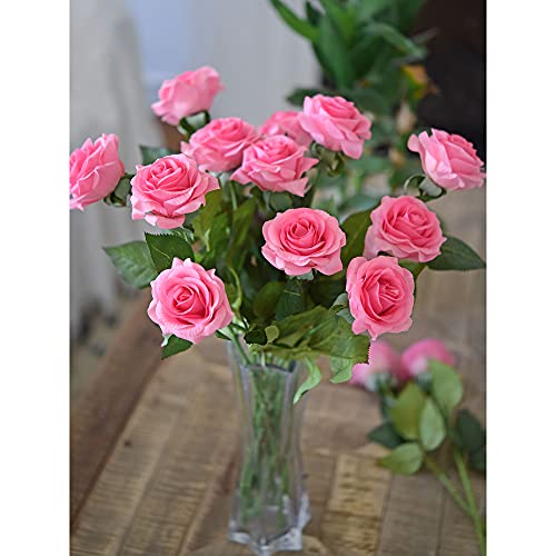 FiveSeasonStuff Rose Pink Real Touch Artificial Roses, 12 Faux Silk Flower Stems with Bendable Wire and Green Leaves for Vase Arrangements - color: Rose Pink