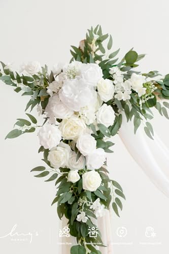 Ling's moment Artificial Wedding Arch Flowers Kit Pack of 4, 2pcs Hanging Silk Flowers Arrangement 2pcs Chiffon Drapes Ceremony Spring Fake Rose Arbor Backdrop White Sage Floral Party Outdoor Decor - color: Wht-white & Sage