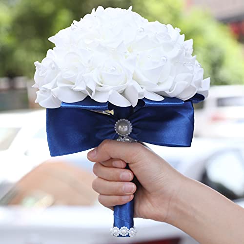 Wedding Bouquets for Brides or Bridesmaids Pearl Embellishment Roses Bridal Bridesmaid Wedding Hand Bouquet Artificial Fake Flowers.(Blue) - color: Blue