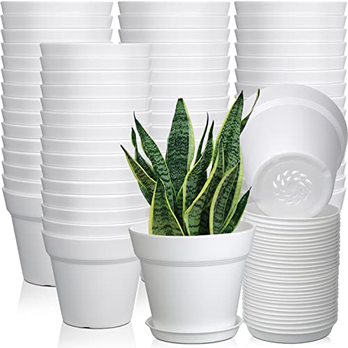 Mumufy 54 Pack 4 Inch Plant Pots Bulk Small Planter with Drainage Hole and Saucer Small Plastic Pots for Flowers Succulent Cactus and All House Indoor(White) - color: White