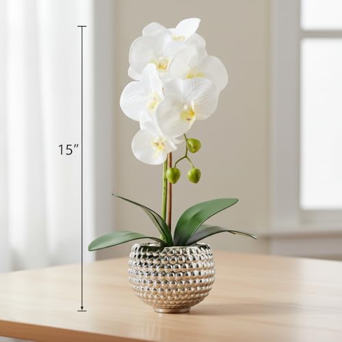 Fake Flowers with Vase, Large Orchids Artificial Flowers in Silver Pot Fake Orchid Fake Plant in Pots Artificial Flowers for Home Decor Indoor Table Centerpiece Bathroom Decoration - color: Silver&white