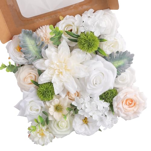 Floweroyal Artificial Flowers Fake Rose Flowers Dahlia with Stems for DIY Wedding Bridal Bouquets, Baby Shower, Floral Arrangement, Table Centerpieces, Home Decorations - color: Milk White