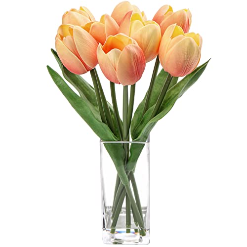 Briful Fake Flowers Artificial Tulip Flower Peach in Clear Vase, Real Touch Foam Tulip Arrangement Suitable for Home Office Decoration, Dining Table Centerpiece - color: Peach