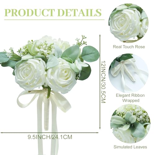 Artificial Bridesmaid Bouquets Set of 8 - Ivory White 9 Inch Various Flower Bouquet for Wedding Party Ceremony Anniversary Dinning Table Centerpieces Decor Faux (Rose & Hydrangea & Ribbon) - color: Rose & Hydrangea