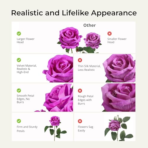 Auihiay 14PCS Magenta Artificial Roses, Realistic Silk Fake Roses Flowers with Long Stem for Valentine's Day Gift, Home Party Table Centerpiece & Wedding Cake Decorations - color: Magenta