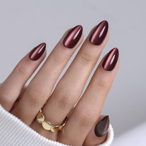 32Pcs Soft Gel Press on Nails for Women, Brown Cateye, Short Almond | Magnetic Glass Cat Eye False Fake Nails Press Ons for Office Daily Wear, Salon Quality Reusable Glue & Stick on Nail Gift Kit - color: 1A-Brown Cateye