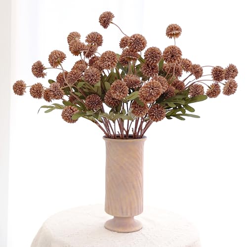 12Pcs Fake Kiku Flowers, Artificial Small Chrysanthemum Balls with Stems, Faux Silk Mini Pompon Mums for Vase Floral Arrangement DIY Bouquets Wedding Party Table Centerpieces Home Decor (No Vase) - color: Light Coffee