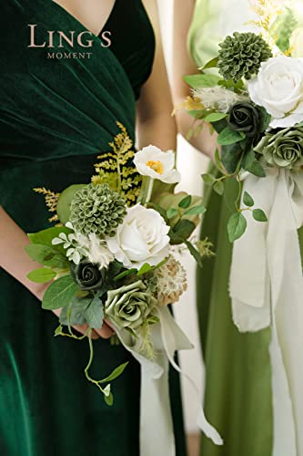 Ling's moment Artificial Flowers Green Bridesmaid Bouquet Set of 6, Emerald Beige Wedding Flowers Bouquets for Bridesmaids, 7 Inch Bridal Bouquets for Bridesmaids, Wedding, Ceremony, etc - color: Grn-emerald & Tawny Beige