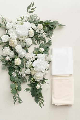 Ling's moment Artificial Wedding Arch Flowers Kit Pack of 4, 2pcs Hanging Silk Flowers Arrangement 2pcs Chiffon Drapes Ceremony Spring Fake Rose Arbor Backdrop White Sage Floral Party Outdoor Decor - color: Wht-white & Sage