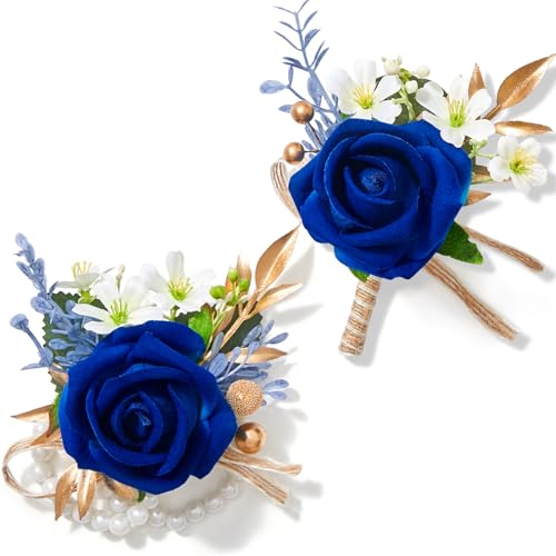 Serwalin Royal Blue Rose Corsage and Boutonniere Set, Boutonniere for Men and Wrist Corsage Wristlet for Wedding Flowers Prom Homecoming Accessories Party Suit Decorations - color: Royal Blue, size: 1 Boutonniere & 1 Wrist Corsage - 2pcs