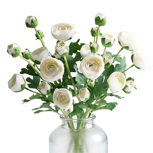 5PCS Artificial Ranunculus Flowers White Silk Flowers Leaves Real Touch Branches Stems Spray for Home Garden Office Decoration Wedding DIY Arrangements (White) - color: White