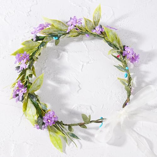 Fairy Flower Crown Headband, Artificial Purple Floral Green Leaf Headpiece, Boho Bridal Flower Headbands for Women Girls Renaissance Cosplay Wedding Birthday Party Hair Accessories - color: Bohemian Purple