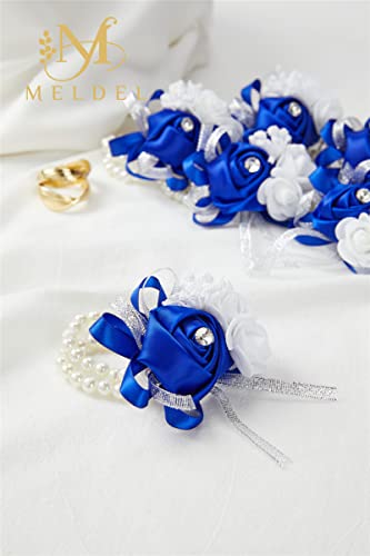 2pcs Royal Blue Wedding Wrist Corsages Faux Silk Rose for Women | for Wedding, Prom, Homecoming, and Evening Party, Wrist Corsages with Pearls for Brides, Bridesmaids, Mother of the Bride - color: 2pcs Royal Blue Wrist Corsages