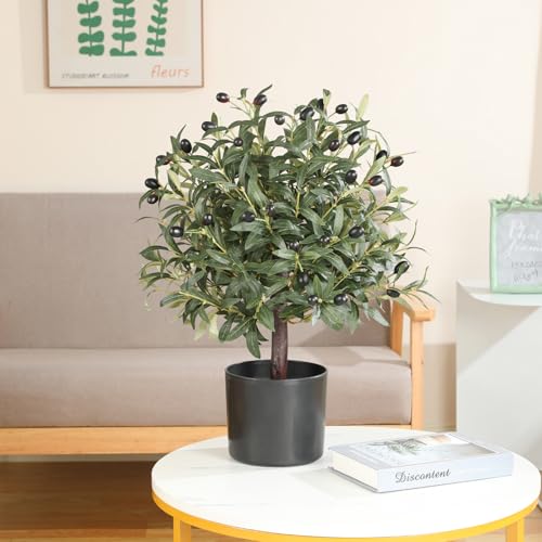 25" Tall Artificial Olive Topiary Ball Tree with Leaves and Fruits, Olive Boxwood Topiary Ball Potted Bushes UV Resistant Potted Plants for Indoor Outdoor Home Garden - color: Green-1pcs