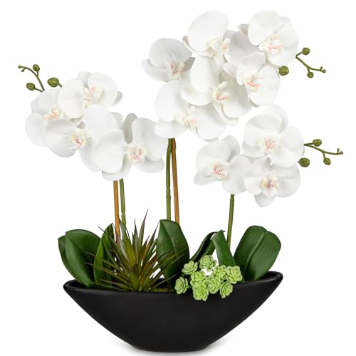 Briful Orchid Fake Flowers 17in White Artificial Orchid Silk Flowers in Black Pot Faux Orchid Arrangement for Home Office Bathroom Dining Table Modern Decoration - color: White Flowers Black Pot