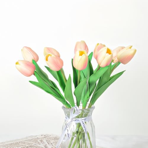 Artificial Flowers Tulips Fake Flowers Real Touch Latex Tulips Faux Flowers Bouquet for Wedding Party Arrangements Home Decor and Baby Shower Centerpieces (10, Champagne) - color: Champagne