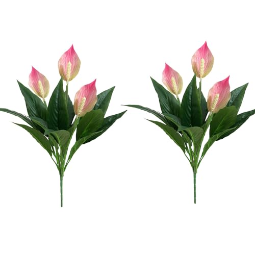 2 Packs Artificial Spathiphyllum Silk Plants 18.5" Faux Peace Lily Anthurium Flower for Wedding Home Garden Decoration (Pink) - color: Pink