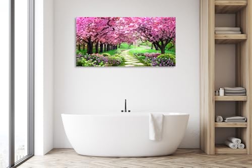Aibonnly Canvas Wall Art Painting Pink Cherry Blossoms 1 Piece Park Tree Forest Wallpaper Spring landscape Picture Poster Print Framed and Stretched Ready to Hang for Living Room Bedroom Artwork - color: Pink, size: 71"L x 36"W