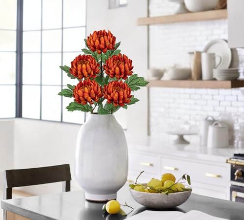 Hollyone 5Pcs Orange Artificial Mums for Outdoors Fall Chrysanthemum Flowers Fake Fall Mums Silk Long Stem Floral Arrangements Bouquets Faux Spider Mum Flower Pincushion Autumn Decorations for Home - color: Orange
