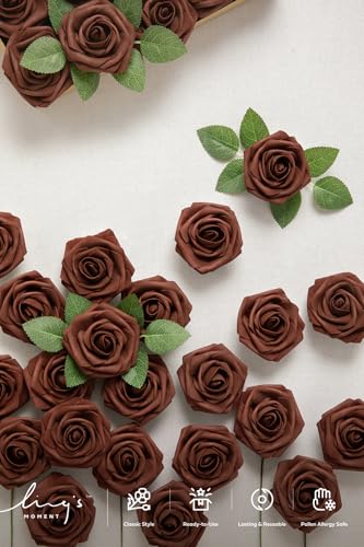 Ling's moment Artificial Flowers 25Pcs Walnut Brown Roses Decor w/Stems,3" DIY Foam Floral for Wedding Bouquet/Centerpieces, Outdoors Party Backdrop, Room/Table, and Garden/Pot Decorations - color: Brn- Walnut Brown, size: 25Pcs