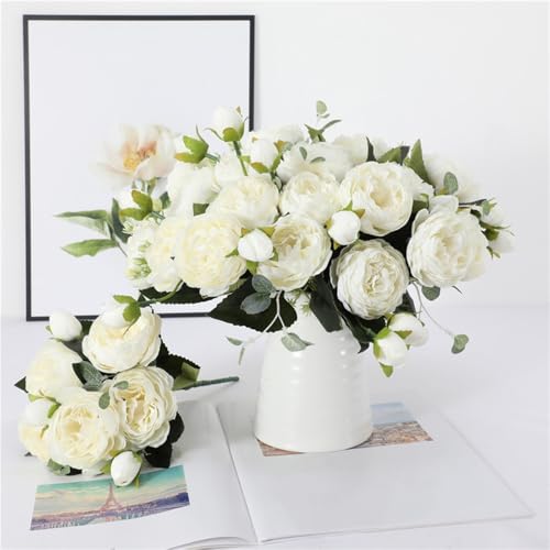 Artificial Peony Flowers Silk Peony Rose Real Touch Fake Flowers 3pcs Single Stem with 5 Heads Bouquet for Home Wedding Party Decoration (White) - color: White