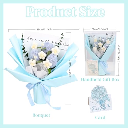 Crochet Flowers Bouquet for Her Handmade Crochet Tulips Artificial Eucalyptus Includes Handheld Gift Box and Card for Home Decor Anniversary Birthdays Mother's Day Graduation Gifts (Blue) - color: Blue