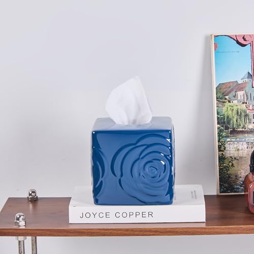 Deep Blue Ceramic Cube Tissue Box Cover with Rose – Large Elegant Rose Floral Square Decorative Tissue Box Holder for Bathroom, Bedroom, Office Desk, Kitchen Counter – Perfect Housewarming Gift - color: Deep Blue