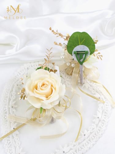 Champagne Rose Women Corsage and Men Boutonniere Set for Dance Party | Groomsmen and Groom Boutonniere for Wedding, Prom, Homecoming, Wrist Corsages for Mother of Bride, Bridesmaids, Girls - color: Champagne-b 1 Wrist Corsage&1 Boutonniere
