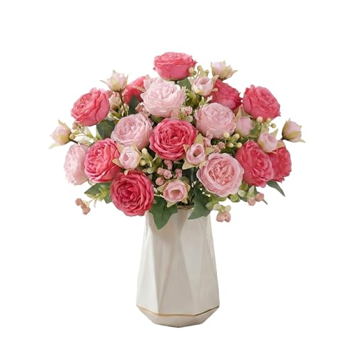 3 Bunches Artificial Peony Silk Flower Bouquet, Small Fake Pink Flowers Spring Floral Arrangement for Wedding Party Table Centerpieces Home Kitchen Decor - color: Mixed Pink