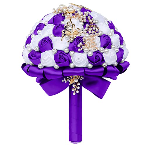 Sharebeauty 5.9 Inch Handmade Satin Rose Bridal Bouquet Toss Round Wedding Bouquet Throw Toss Artificial Flower Bunch Purple + White - color: W322g17 Purple/White, size: 5.9 inches / 15 cm