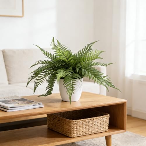 25 Leaves Fake Fern Potted Plant, 12" Artificial Real Touched Ferns in Pot, Faux Fern Bush Plant for Office Living Room Home Hotel Décor Indoor (2)