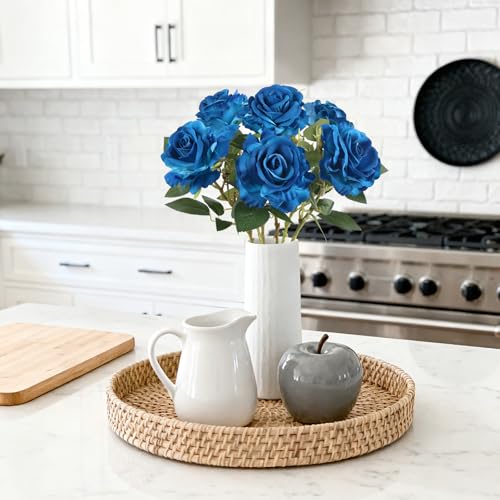 6Pcs Blue Rose Artificial Flowers Long Stem Velvet Roses Real Touch Fake Flowers for Floral Arrangements Home Wedding Dining Table Party Garden Decoration(Blue) - color: Blue