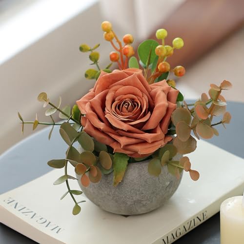 mizii DIY Small Artificial Flowers Potted Kit Fake Flower Realistic Silk Rose and Greenery with Vase for Gifts Table Centerpiece Mantle Office Desk Shelves Living Room Decorations (Orange) - color: Orange