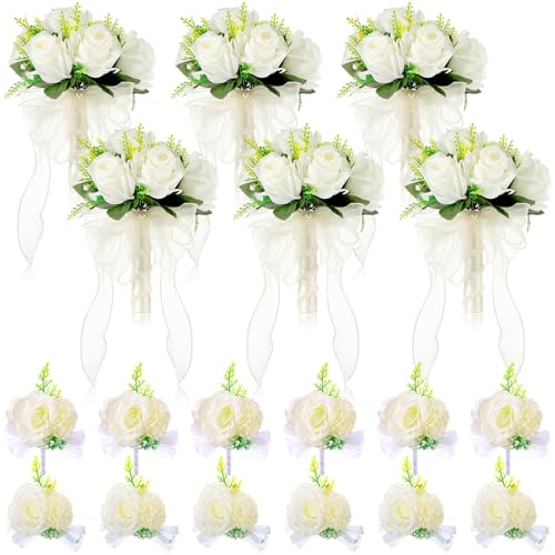 Set of 6 White Bridesmaid Bouquets Artificial Silk Flowers Wedding with 6 Boutonnieres & 6 Wrist Corsages Rose Bridal Party Decor Prom Anniversary