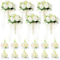 Set of 6 White Bridesmaid Bouquets Artificial Silk Flowers Wedding with 6 Boutonnieres & 6 Wrist Corsages Rose Bridal Party Decor Prom Anniversary