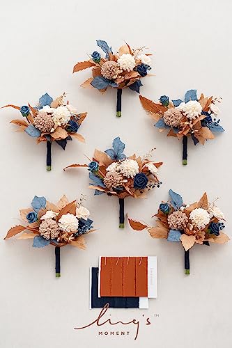 Ling's moment Artificial Bridesmaid Bouquets Set of 6,Brown Wedding Flower Bouquets Navy Blue Floral Bouquet Bridal Bouquets with Ribbon Ceremony Anniversary,7-inch Diameter - color: Or-orange & Navy Blue