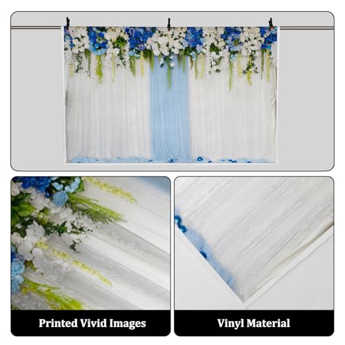 AOFOTO 7x5ft Blue White Flowers Curtain Wedding Backdrop Romantic Floral Wall Drapes Bride Groom Ladies Girls Photoshoot Background for Wedding Reception Ceremoney Birthday Cake Table Decor Banner - size: 7x5ft