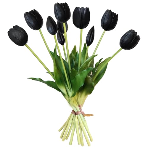 10 Pcs Fake Tulips Tulips Artificial Flowers Real Touch Fake Flowers Artificial Flower Bouquet for Home Table Party Wedding Decoration (Black) - color: Black