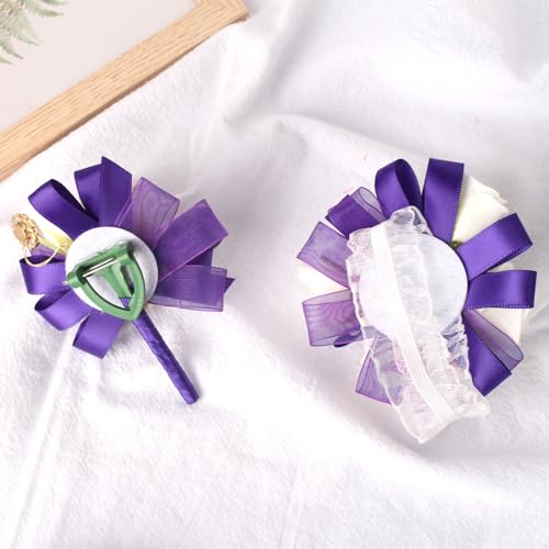 Wrist Corsage and Boutonniere Set Ivory Rose Corsage Wristlet for Homecoming Wedding Party Groom Bride Artificial Flower (Purple and Ivory) - color: Purple and Ivory