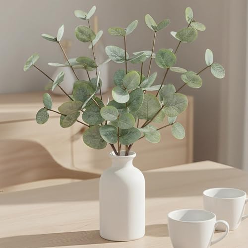 15" Artificial Eucalyptus Stems Potted Plant - Realistic Small Fake Desk Plants for Office Home Decor, Faux Plants in Frosted Ceramic Vase for Indoor Spaces, Wedding Centerpieces Table Decor（4pcs leaf - color: Eucalyptus Plant