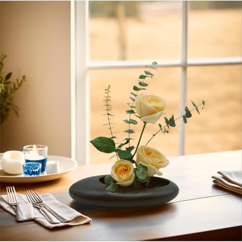 Ikebana Vase Kit - Japanese Oval Ceramic Bowl Vase with 2.8'' Diameter Floral Frog，Kenzan Ikebana Set with Frog Flower Holder for Japanese Flower Arrangement (Black, 2.8'' Floral Frog Included) - color: Black, size: 2.8'' Floral Frog Included