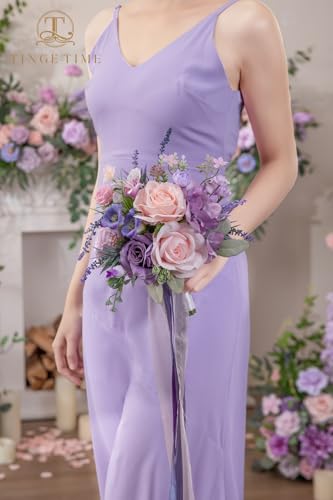 TINGE TIME Bridesmaid Bouquets for Wedding Set of 4 Violet&Mistyrose 7 Inch Wedding Bouquets Artificial Silk Flowers Bridal Bouquets for Bridesmaids, Wedding Decor, Anniversary - color: Violet & Misty Rose