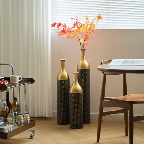 Tall Black and Gold Floor Vases - 34in Large Metal Floor Vase Decorative Tall - Set of 3 Modern Big Standing Vases for Living Room Dining Bedroom Home Corner Hallway Indoor Office - color: Floor Vases Black Gold