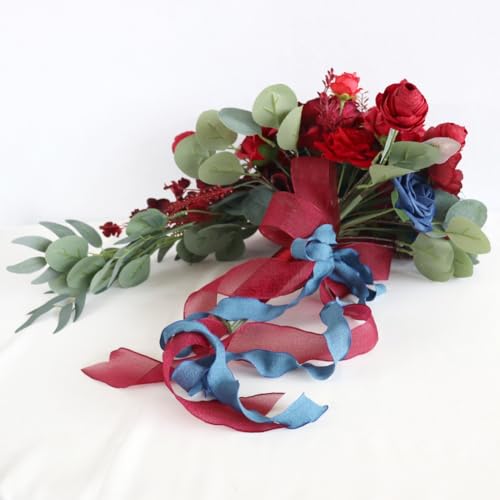 12.6 Inch Cascade Wedding Bouquet for Bride with Artificial Rose Dahlia Flower Cascading Bridal Bride Bouquet Wedding Ceremony Anniversary Bridal Shower Burgundy and Navy Blue - color: Burgundy & Blue