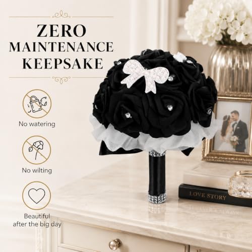 MAGICLULU Elegant Black Bridal Wedding Bouquet with Chic Artificial Foam Flowers, Artificial Holding Flowers for Brides and Bridesmaids, Ideal for Weddings, Parties, 9.44X6.29X6.29in