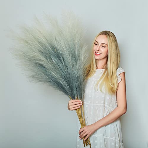 Faux Pampas Grass Decor, 6 Stems Artificial Pampas Grass - 43 inch Tall Pompass Grass Large Pompous Boho Flower Arrangement Home Decor for Room Wedding Party - color: Gradient-grey